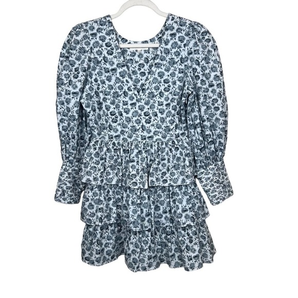 LoveShackFancy Paris Dandelion-Print Puff-Sleeve Mini A-Line Dress 2 Gray White - Picture 7 of 14